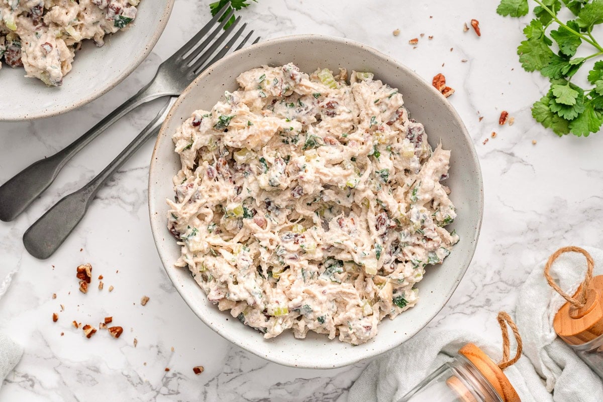 Looking down on cottage cheese chicken salad in a bowl.