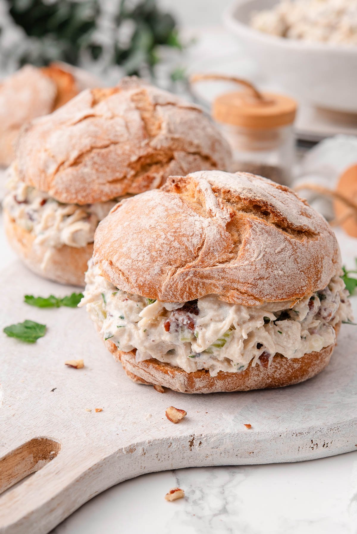 Two cottage cheese chicken salad sandwiches.
