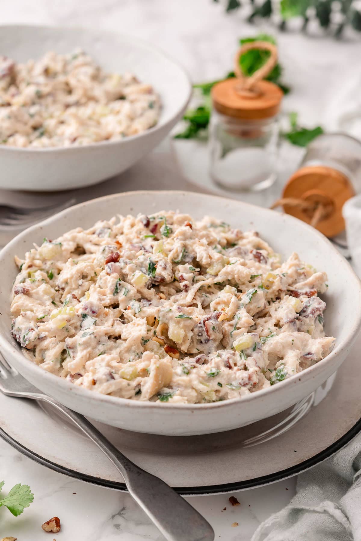 Cottage cheese chicken salad in a bowl.