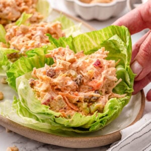 Buffalo chicken salad in a lettuce wrap on a platter.