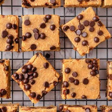 Chickpea blondies on a wire rack.