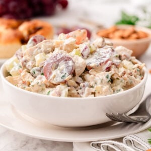 Greek yogurt chicken salad in a bowl.