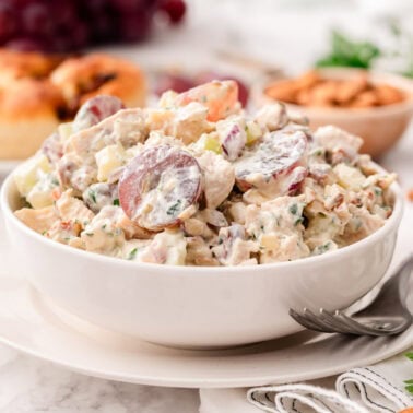 Greek yogurt chicken salad in a bowl.