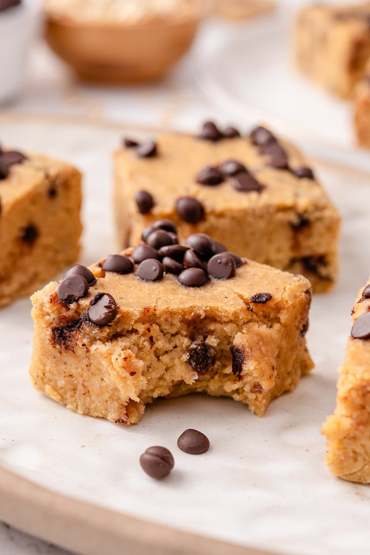 Garbanzo bean blondies with chocolate chips showing texture.