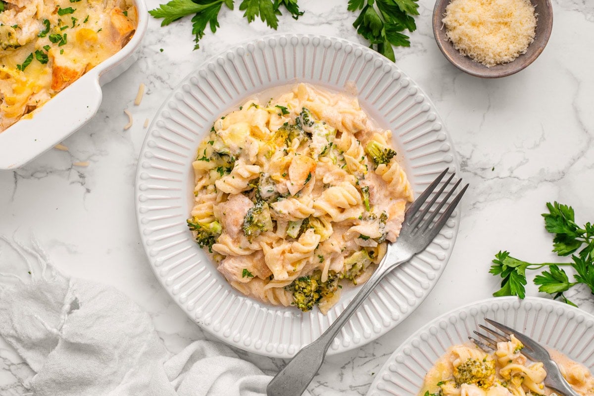Chicken alfredo bake served on a plate with a fork.