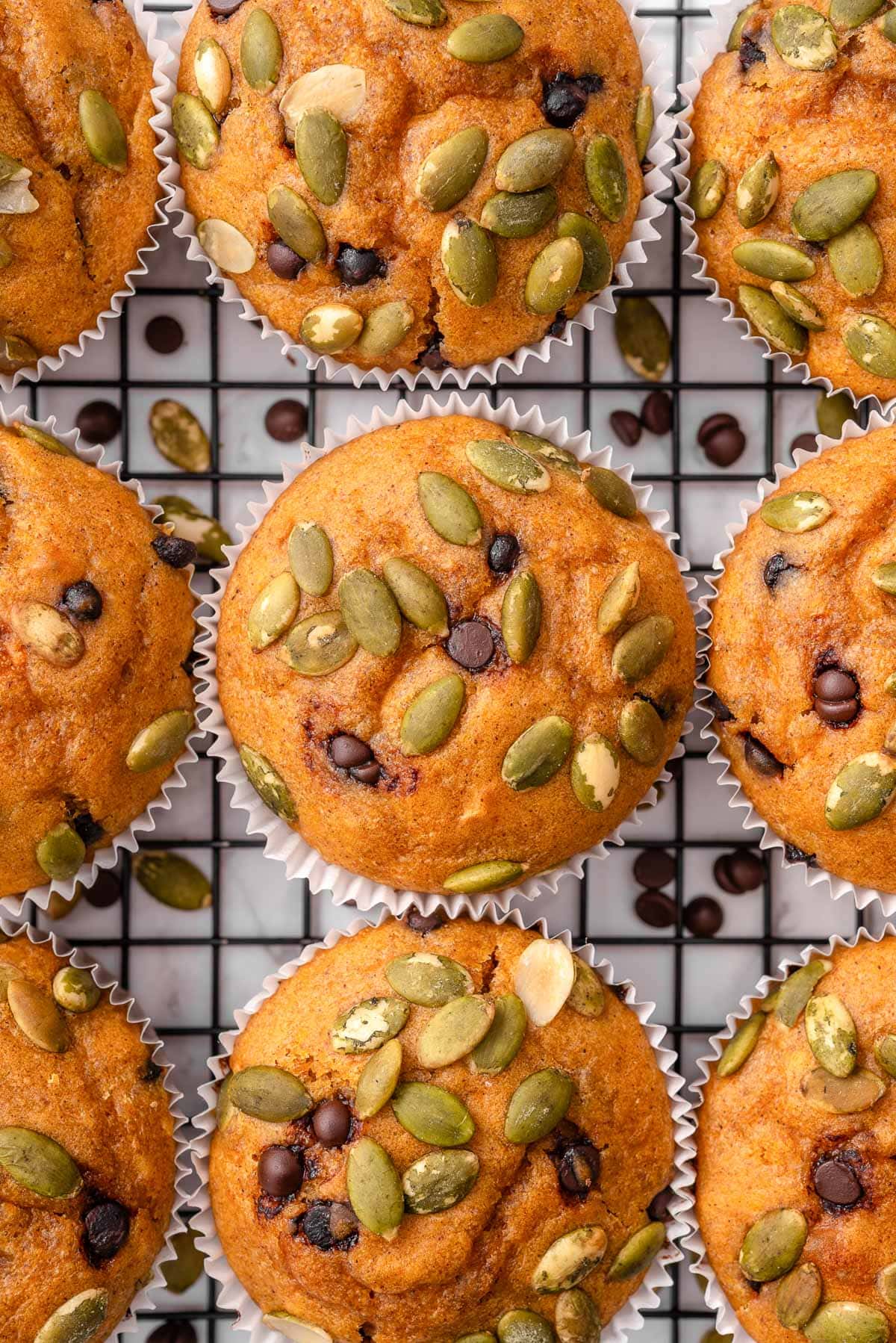 Cottage cheese pumpkin muffins on a wire rack.