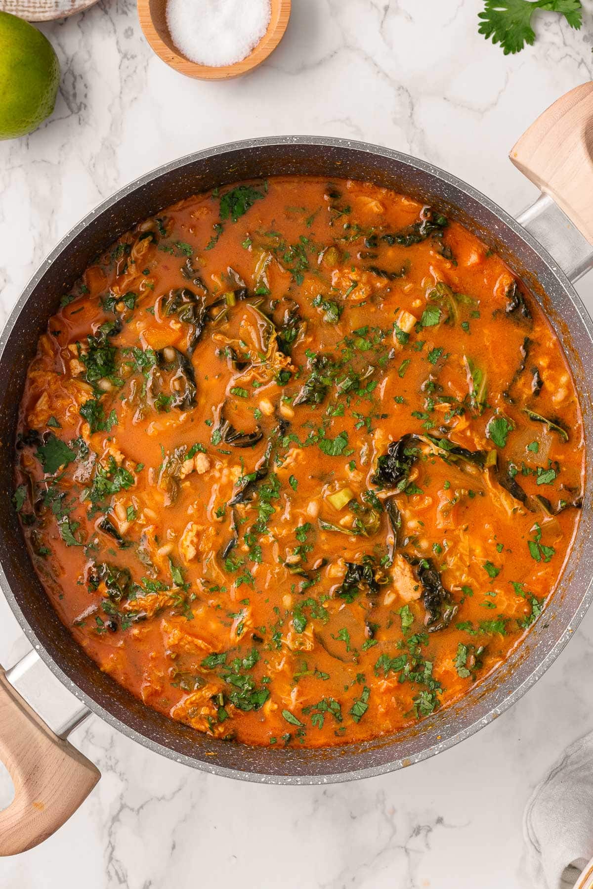 Thai ground turkey soup in a pot.