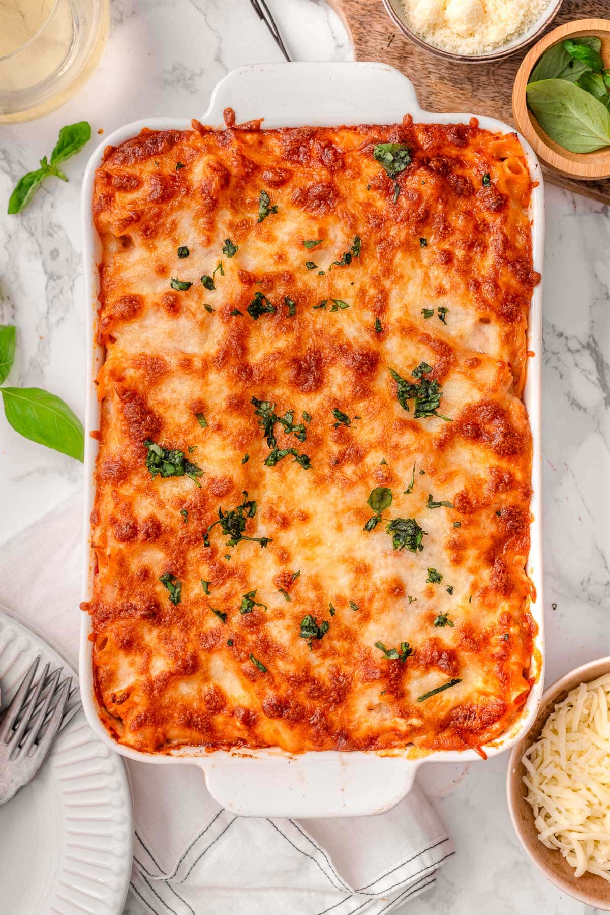 Looking down on high protein baked ziti in a casserole dish.
