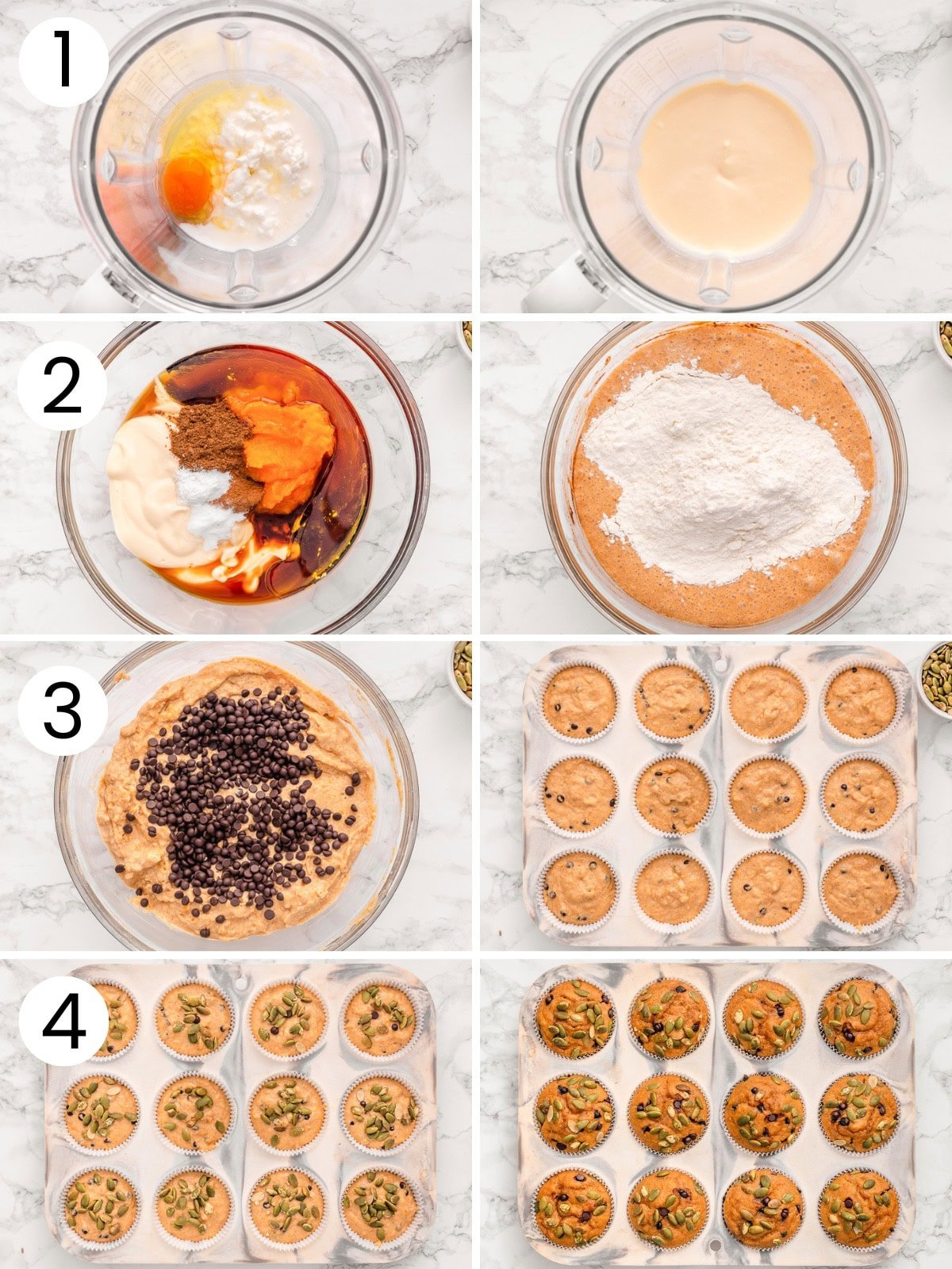Step by step process how to make cottage cheese pumpkin muffins.
