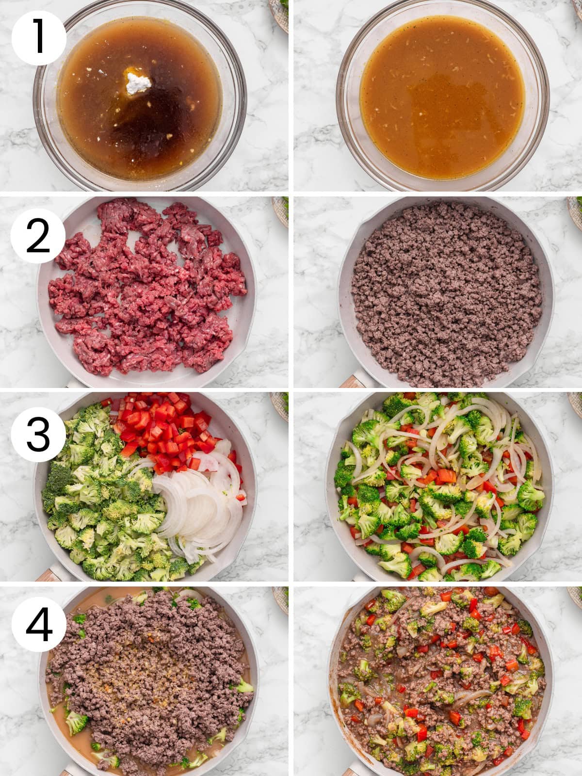 Step by step process how to make ground beef stir fry.
