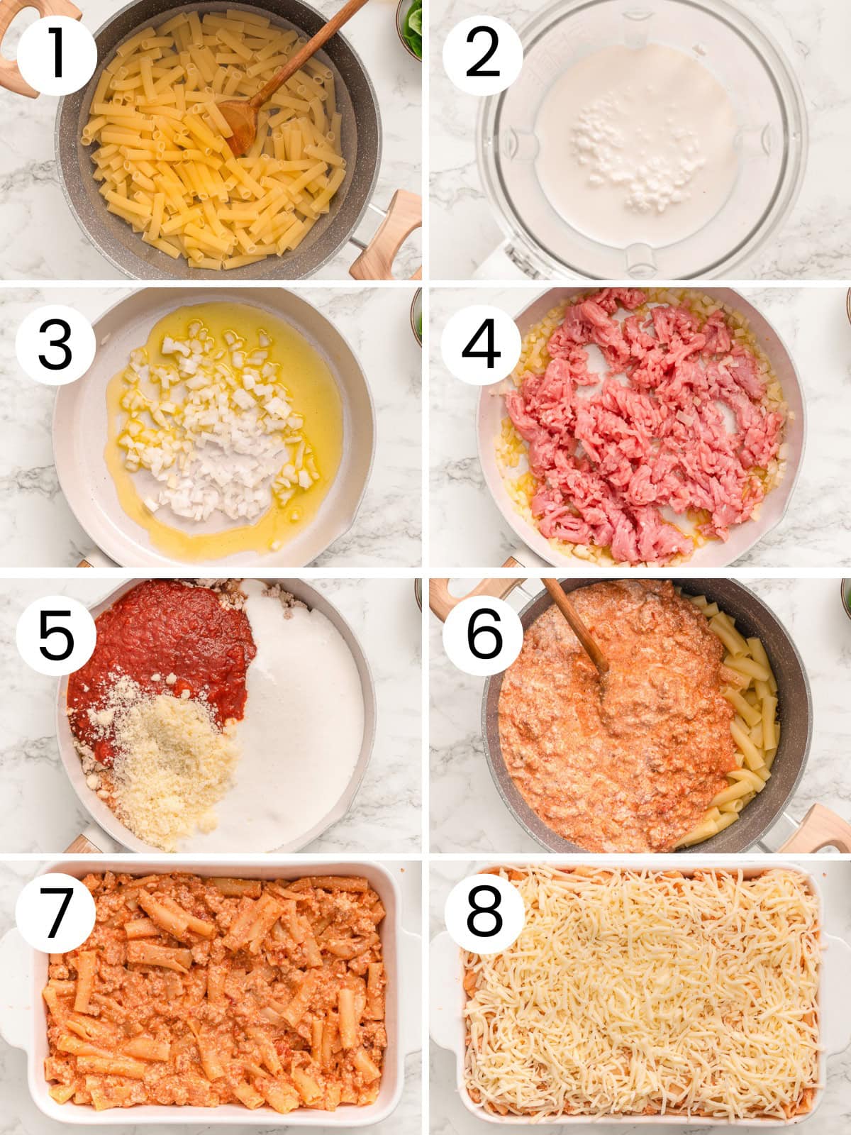 Step by step process how to make high protein baked ziti.