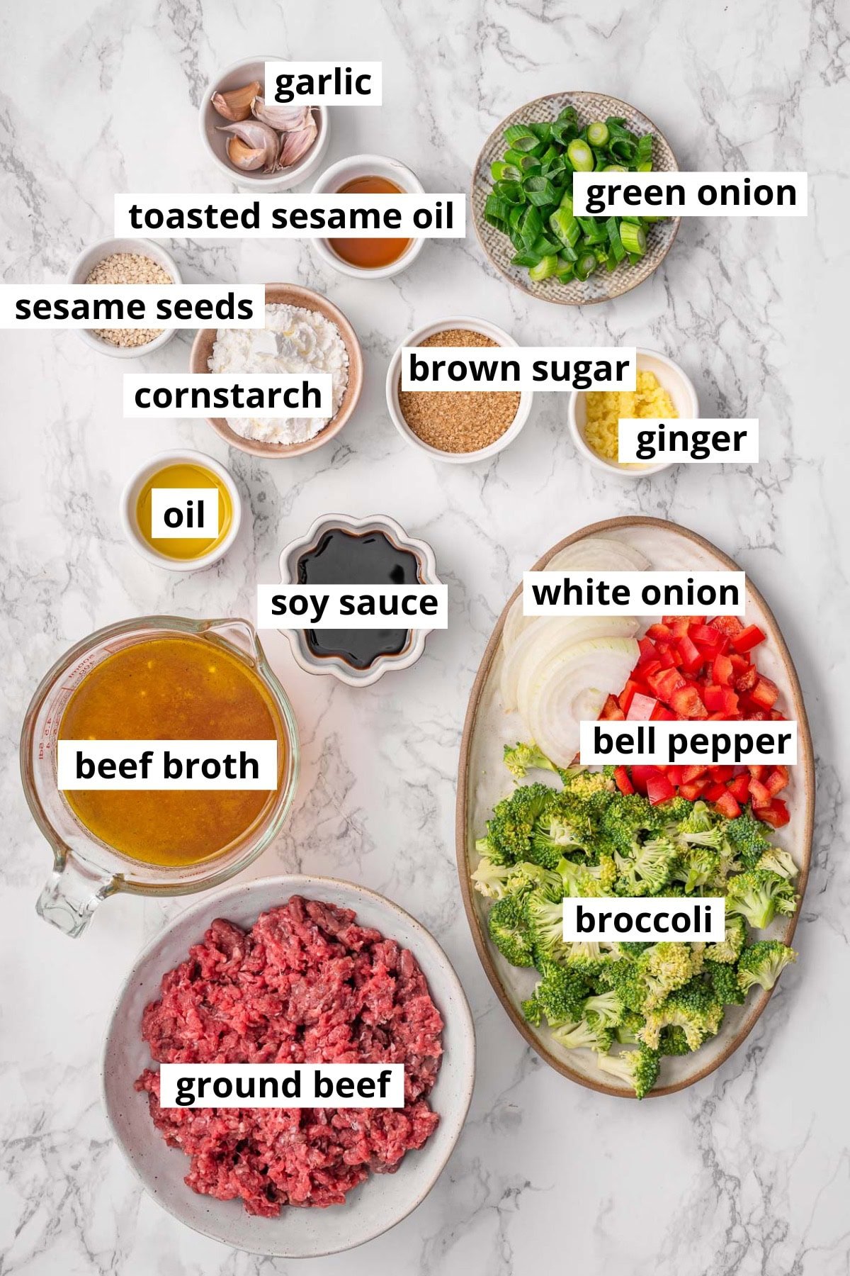 Ground beef, beef broth, onion, bell pepper, broccoli, ginger, garlic, green onion, cornstarch, toasted sesame oil, brown sugar, oil, sesame seeds, soy sauce.