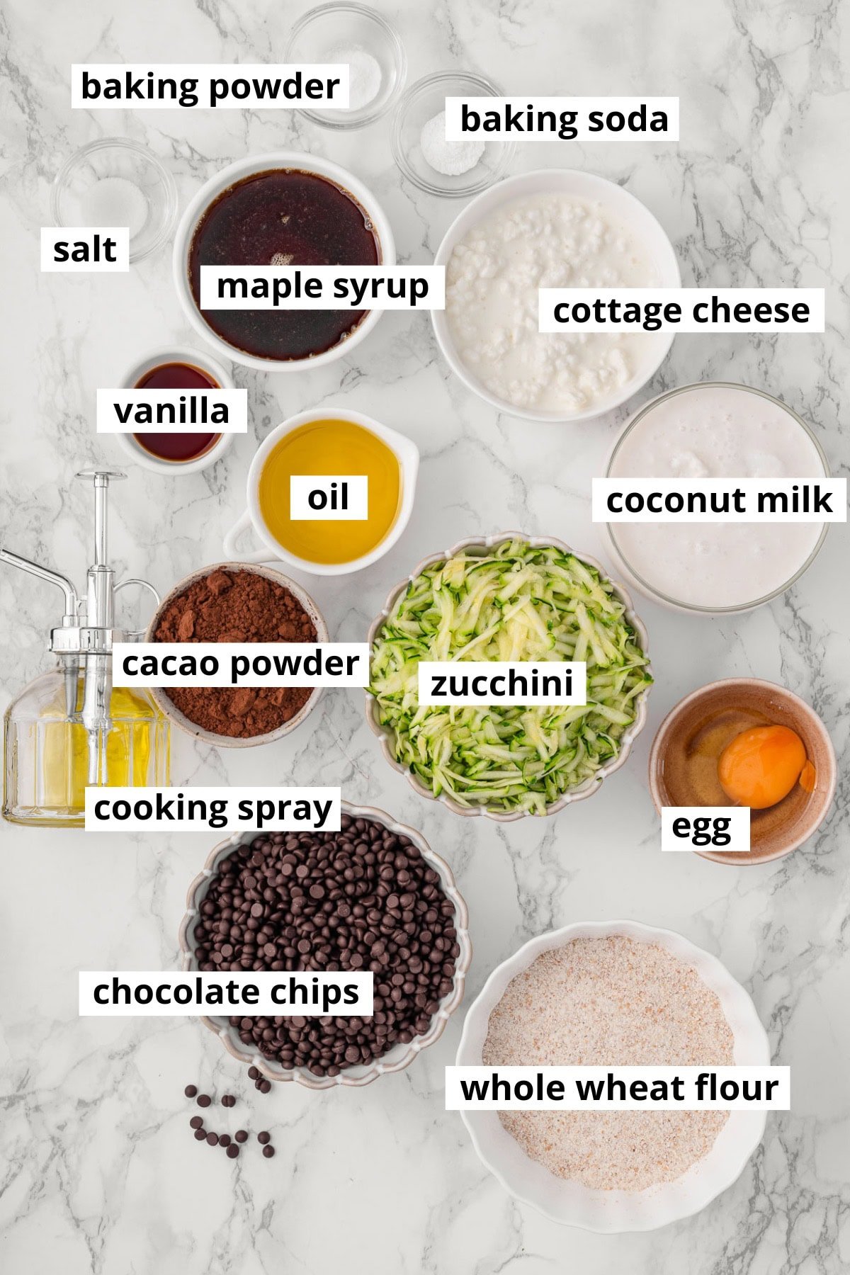 Zucchini, egg, cottage cheese, cacao powder, oil, vanilla, cooking spray, chocolate chips, coconut milk, maple syrup, salt, baking powder, baking soda, whole wheat flour.