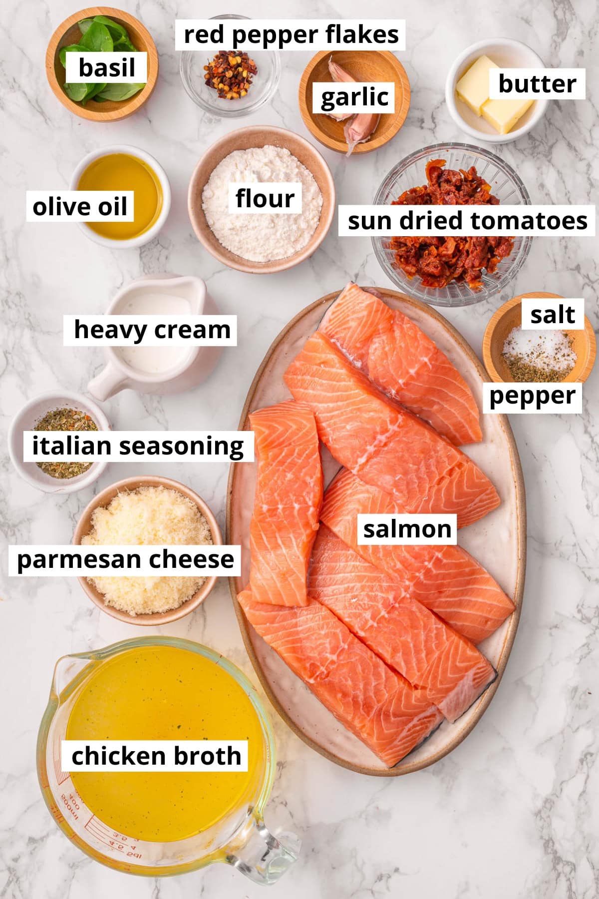 Salmon, oil, flour, salt, pepper, garlic, sun dried tomatoes, heavy cream, parmesan cheese, italian seasoning, basil, red pepper flakes, butter, chicken broth.