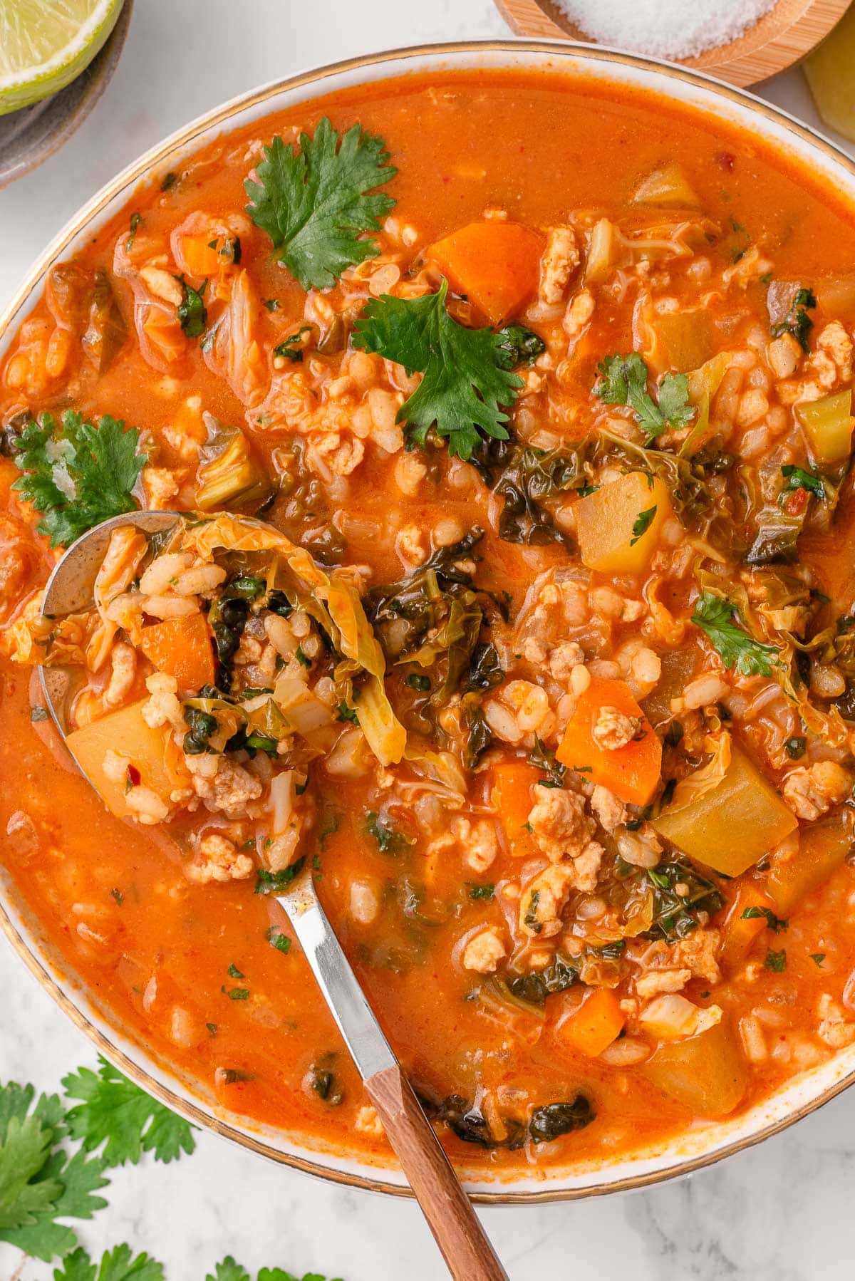 Closeup of Thai ground turkey soup in a bowl with a spoon.