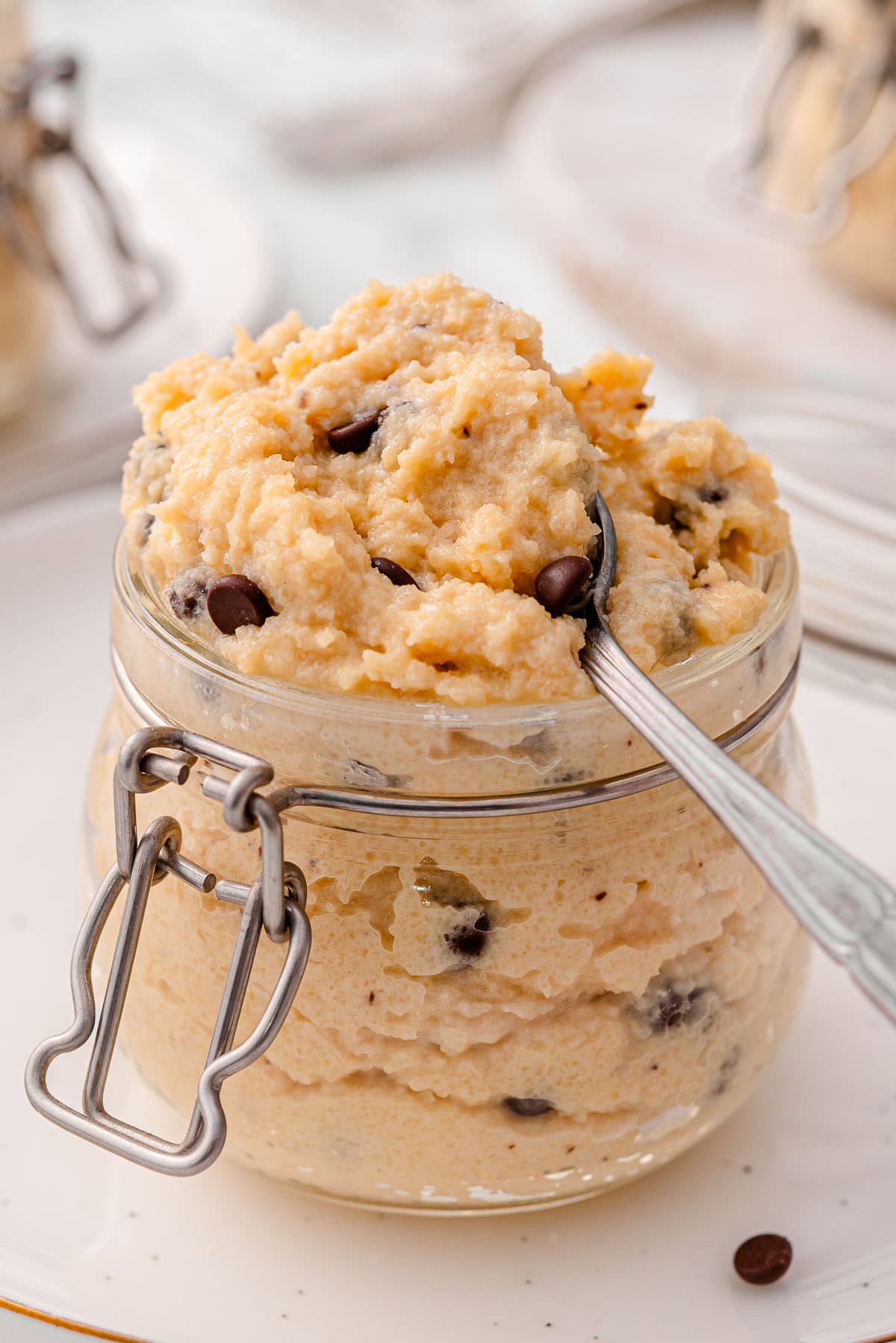 Closeup of Greek yogurt cookie dough on a spoon.