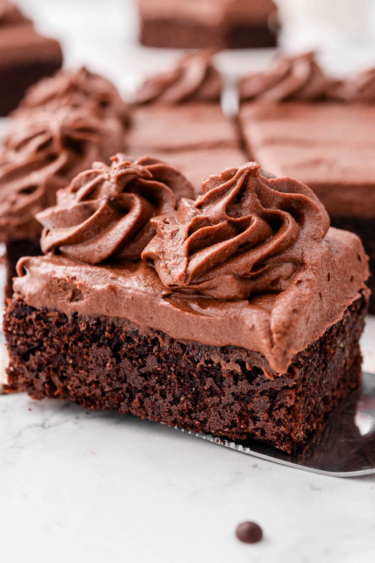 Chocolate zucchini cake with healthy chocolate frosting.