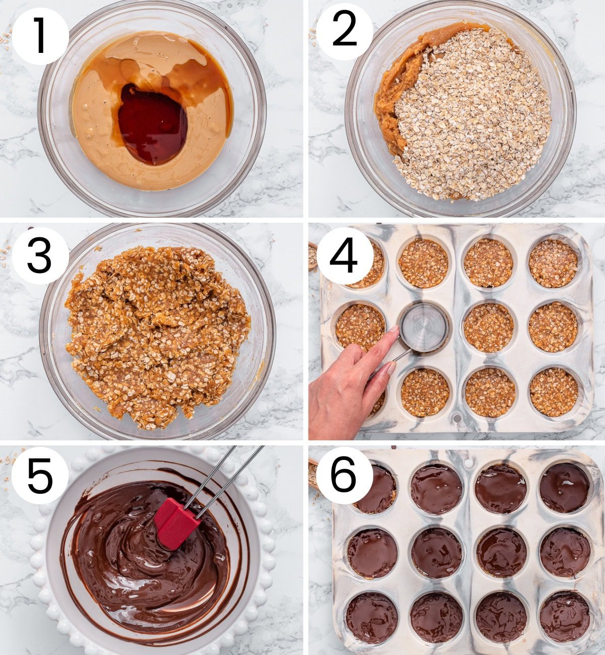 Step by step process how to make no bake peanut butter oat cups.