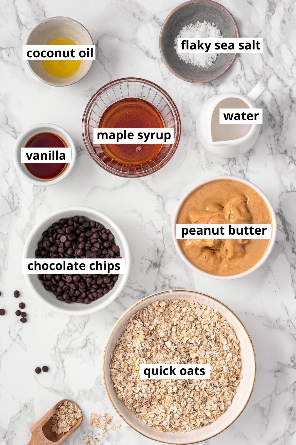 Peanut butter, quick oats, chocolate chips, coconut oil, vanilla, maple syrup, water, sea salt.