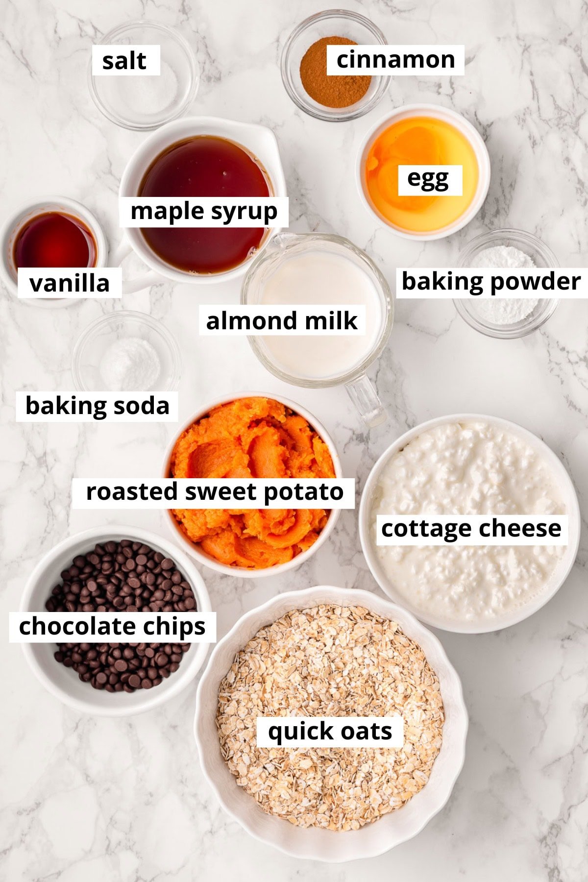 Roasted sweet potato, quick oats, egg, cinnamon, salt, baking powder, baking soda, almond milk, maple syrup, vanilla, cottage cheese, quick oats, chocolate chips.