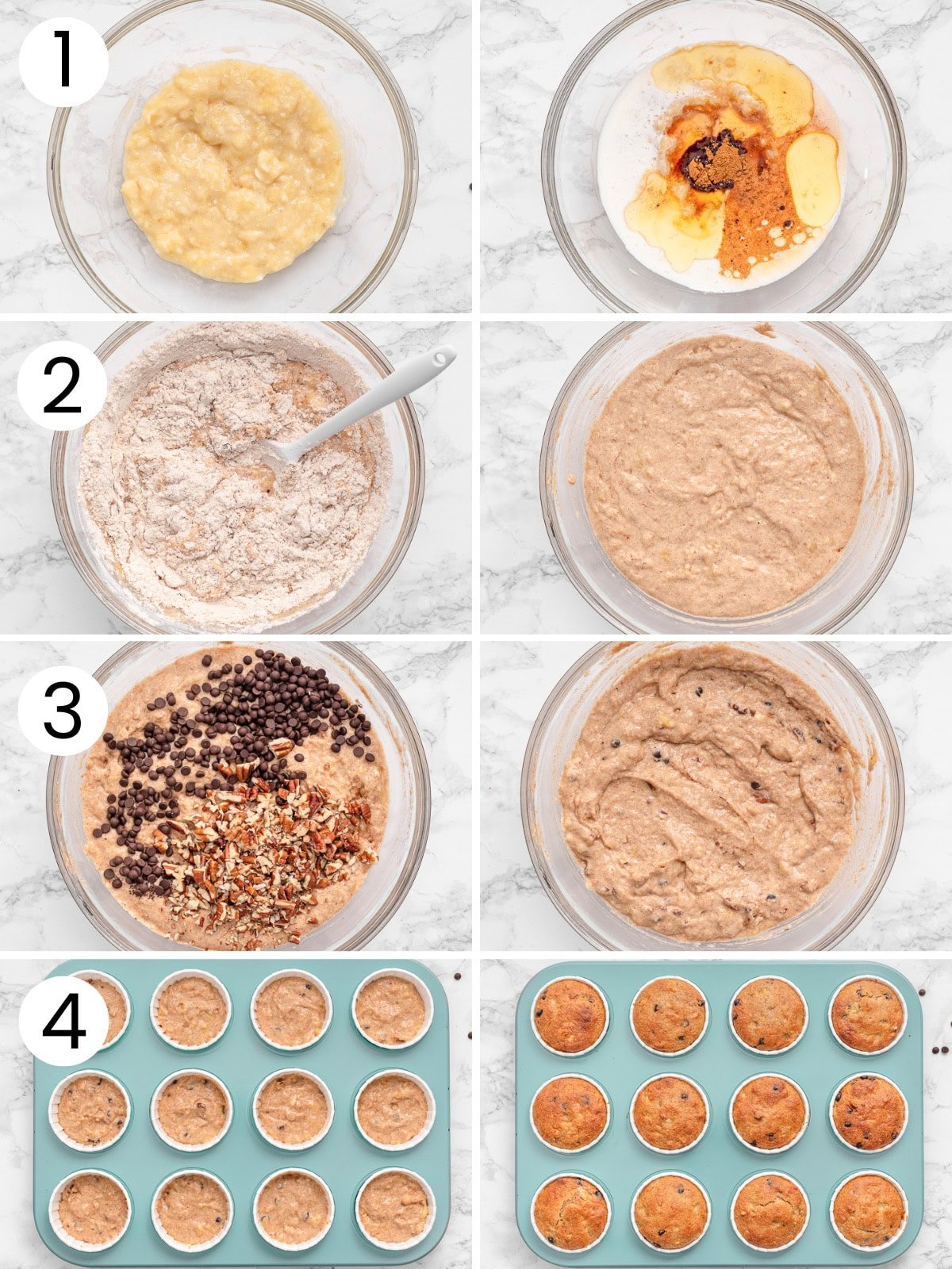 Step by step process how to make kodiak banana muffins.
