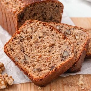 Kodiak banana bread sliced on a board.