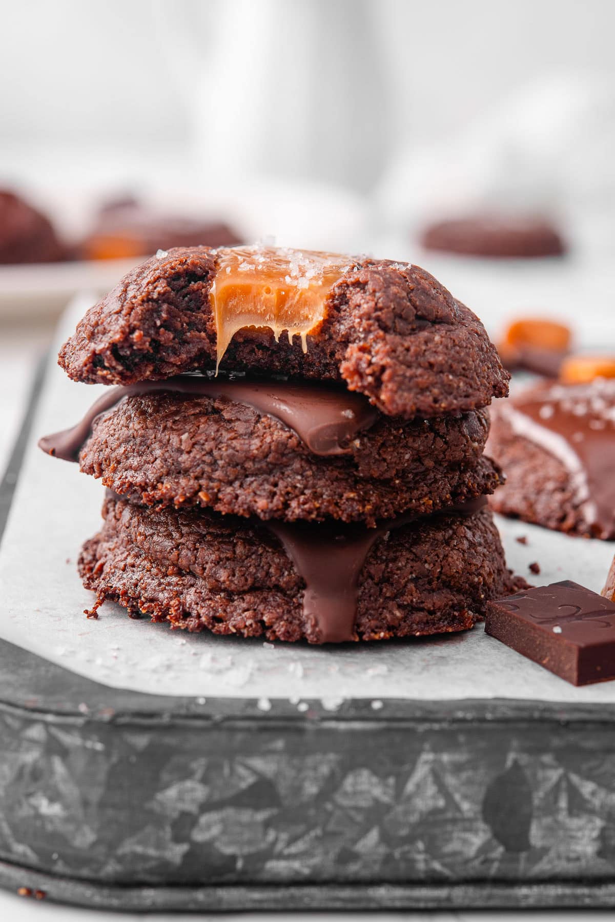 Side view of a stack of 3 ingredient nutella cookies.