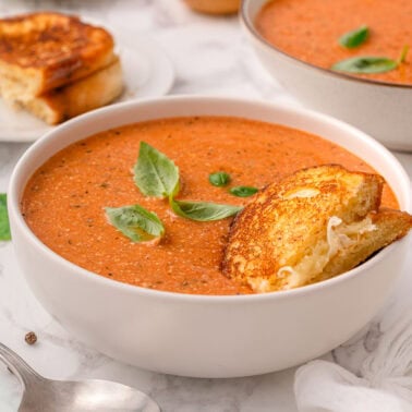 Cottage cheese tomato soup with grilled cheese in a bowl.