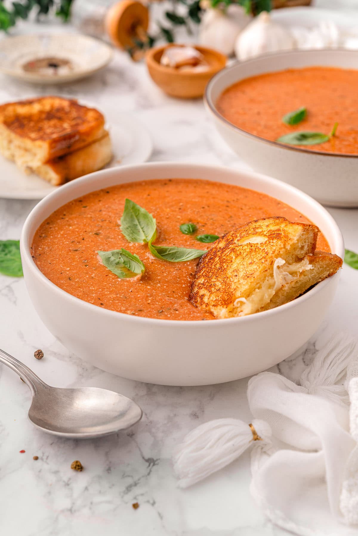 Cottage cheese tomato soup with grilled cheese in a bowl.