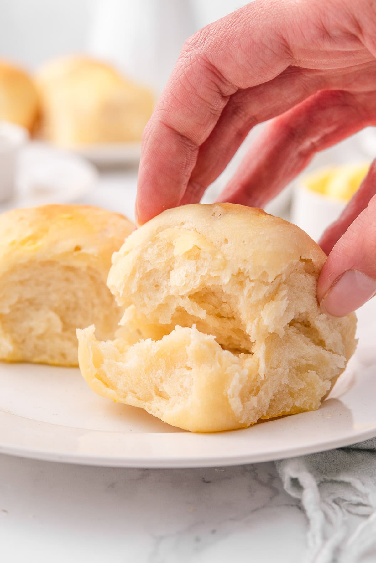 Person holding sliced Greek yogurt dinner roll on a plate.