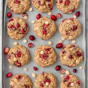 Healthy oatmeal cranberry cookies on a baking sheet.