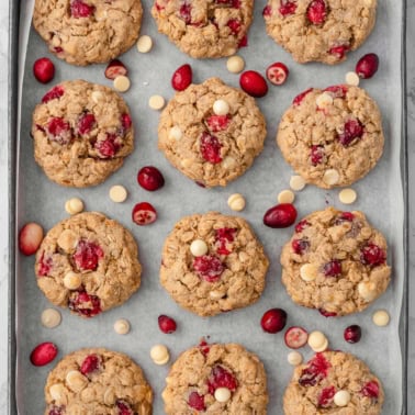 Healthy oatmeal cranberry cookies on a baking sheet.