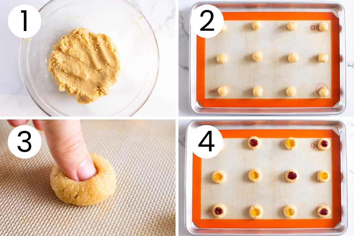 Step by step process how to make almond flour thumbprint cookies.