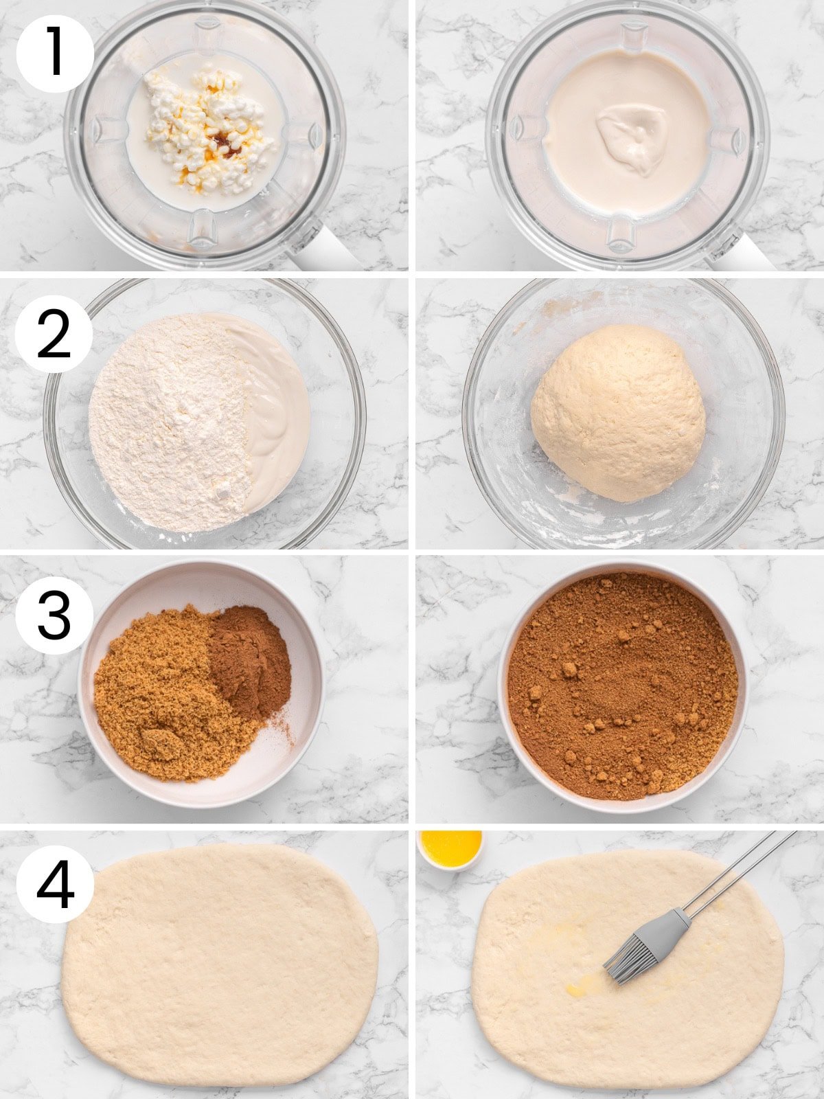 Step by step process how to make cottage cheese cinnamon rolls.