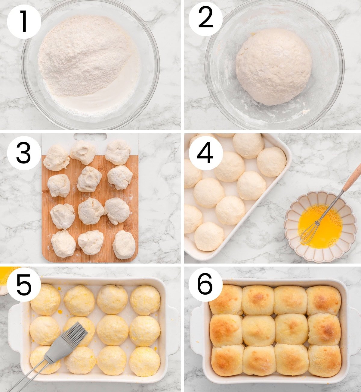 Step by step process how to make Greek yogurt dinner rolls.