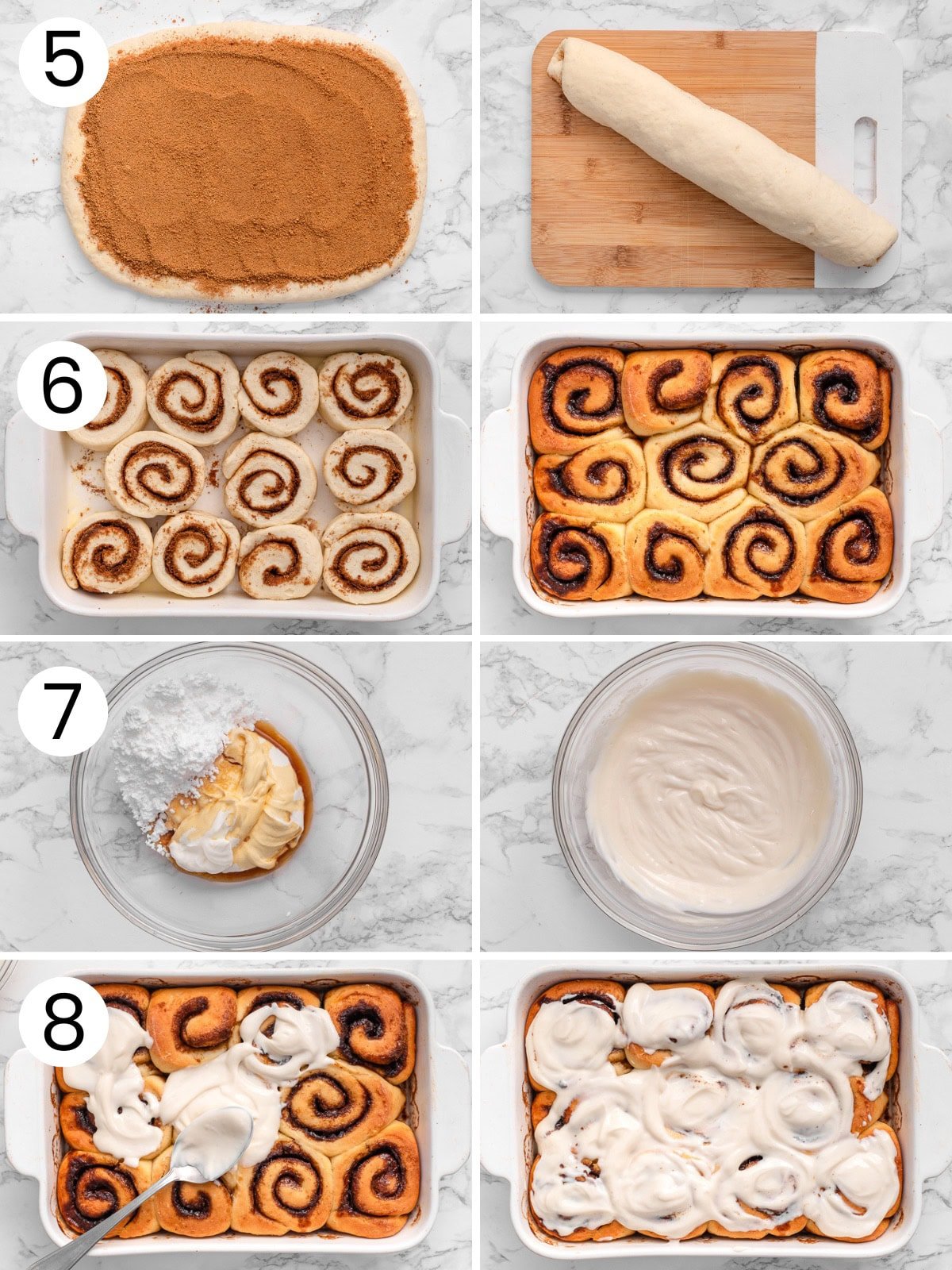 Step by step process how to make high protein cottage cheese cinnamon rolls.