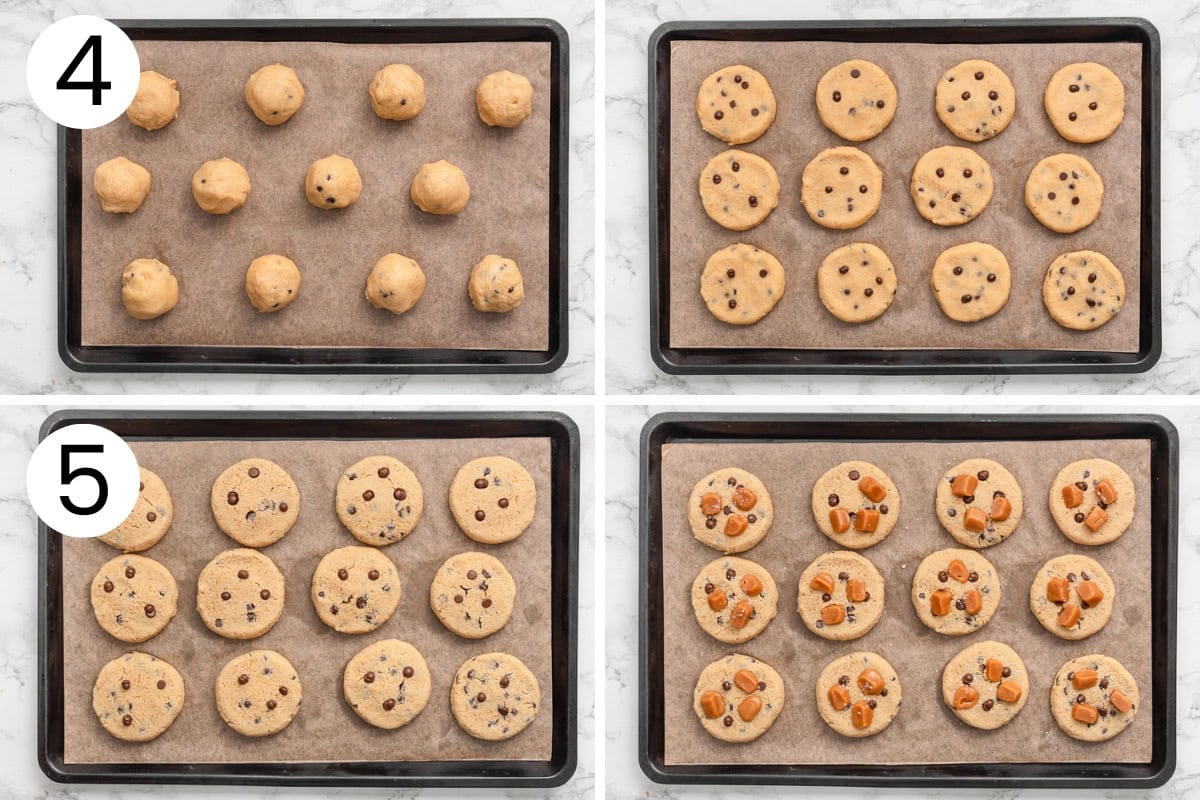 Step by step process how to make salted caramel chocolate chip chickpea cookies.