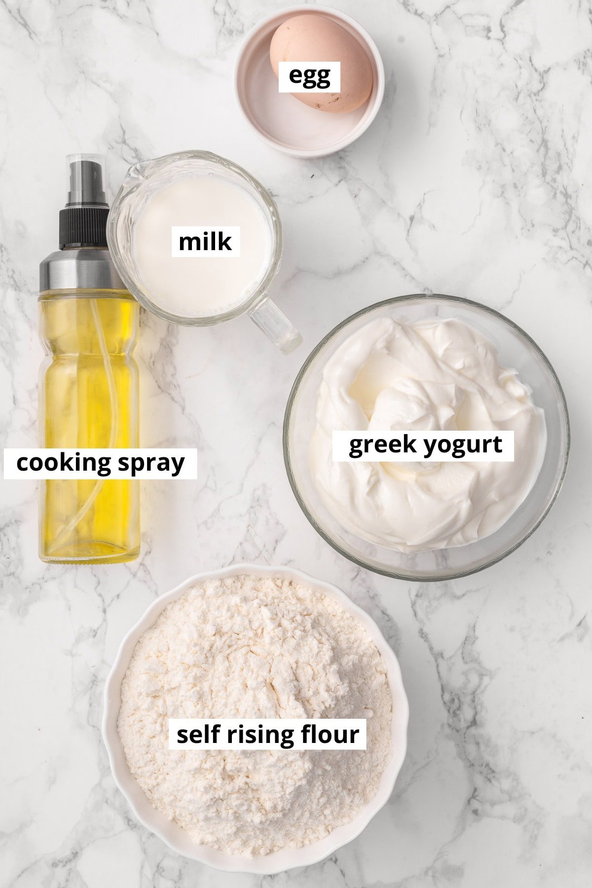 Greek yogurt, milk, egg, self-rising flour, cooking spray.