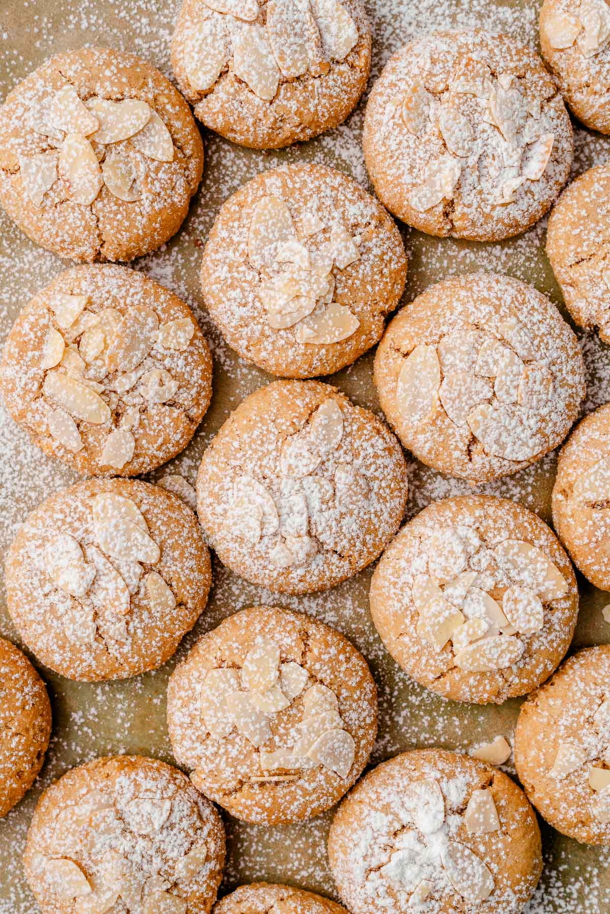 Almond cookies with sliced almonds dusted with sugar on a baking sheet.