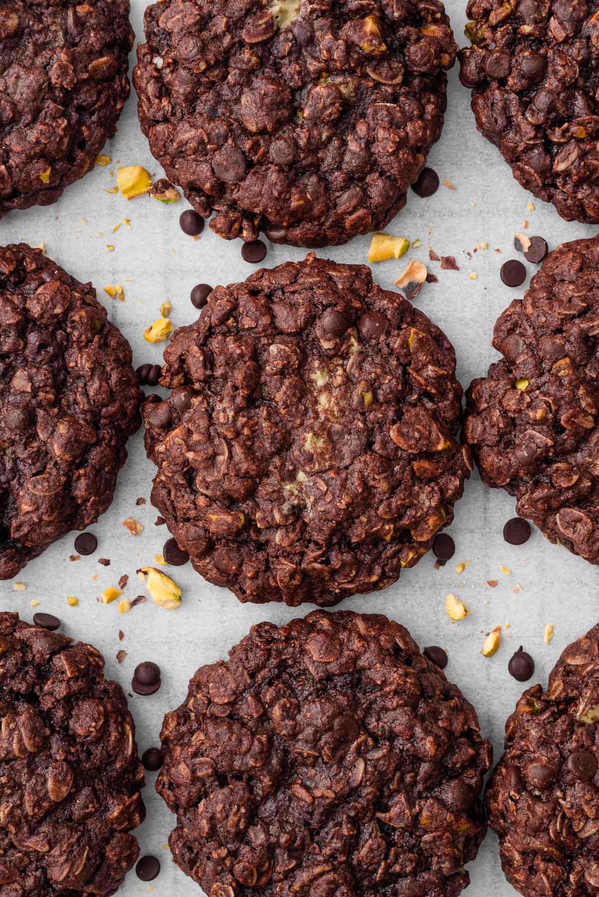 Dubai chocolate oatmeal cookies on a baking sheet.