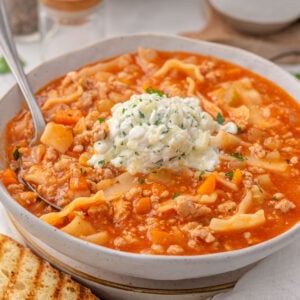 High protein lasagna soup in a bowl.