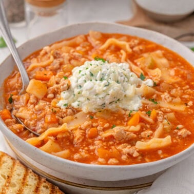 High protein lasagna soup in a bowl.
