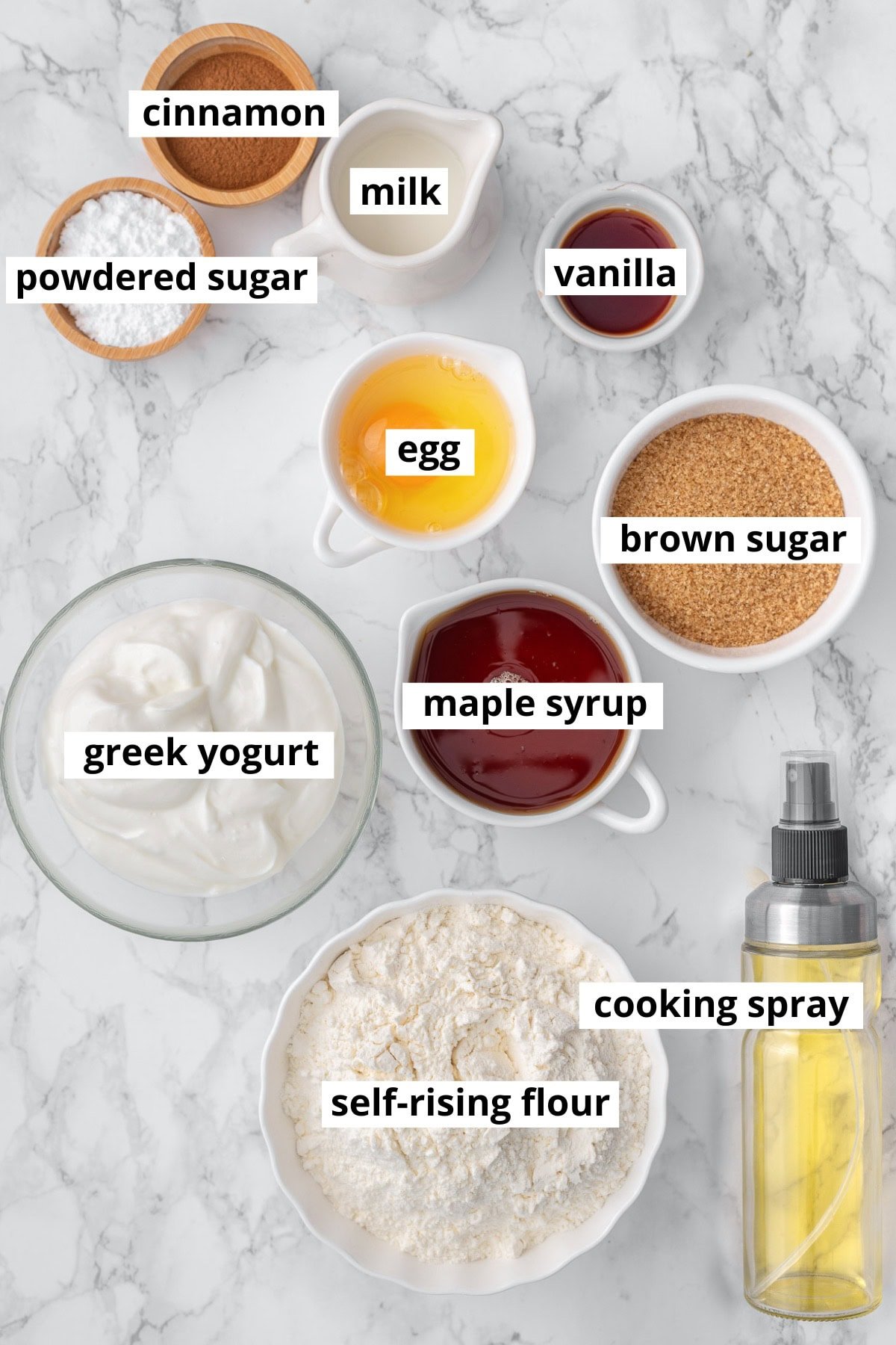 Self-rising flour, egg, brown sugar, cinnamon, maple syrup, milk, Greek yogurt, vanilla, powdered sugar.
