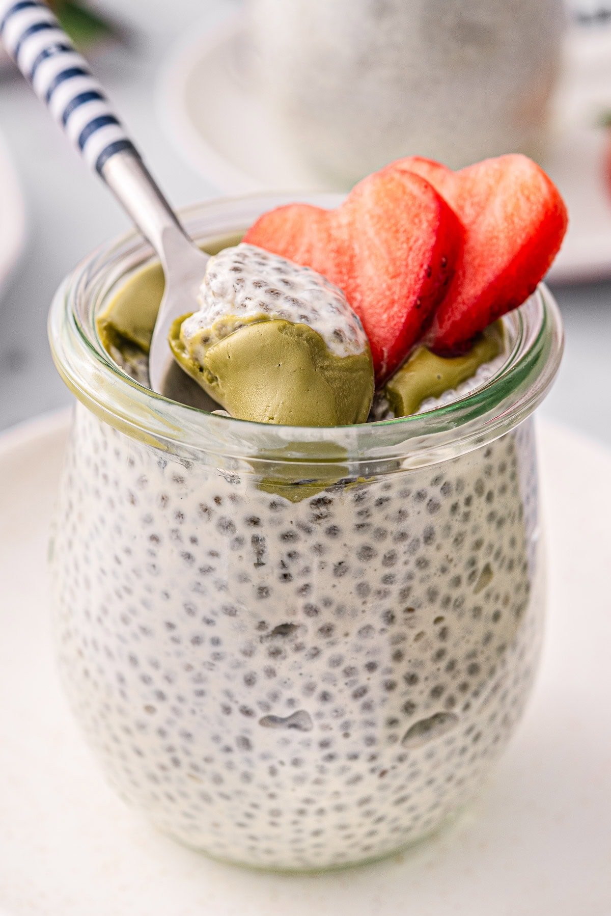 Closeup of Greek yogurt chia pudding on a spoon.