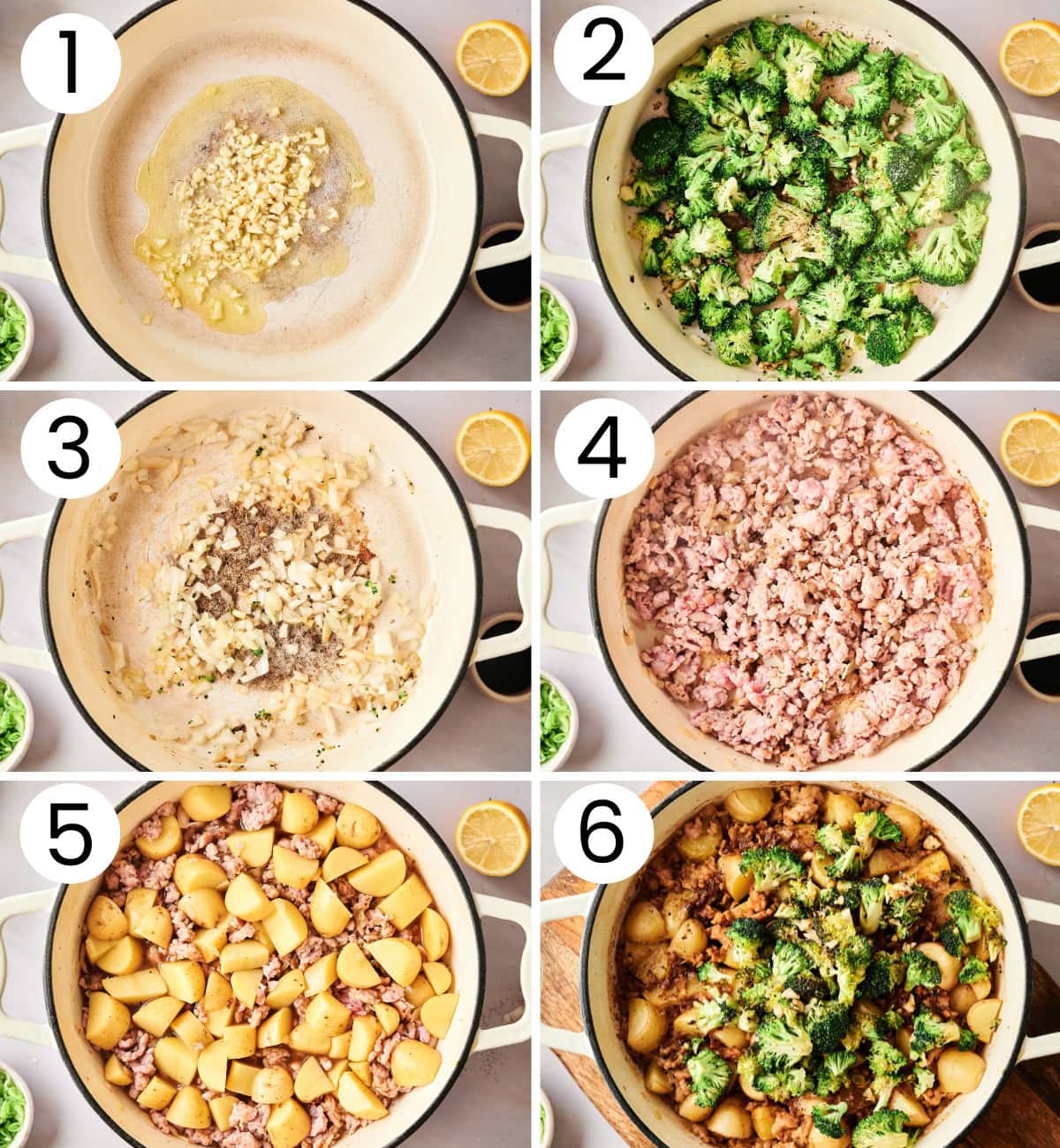 Step by step process how to make ground turkey and potatoes skillet with broccoli.