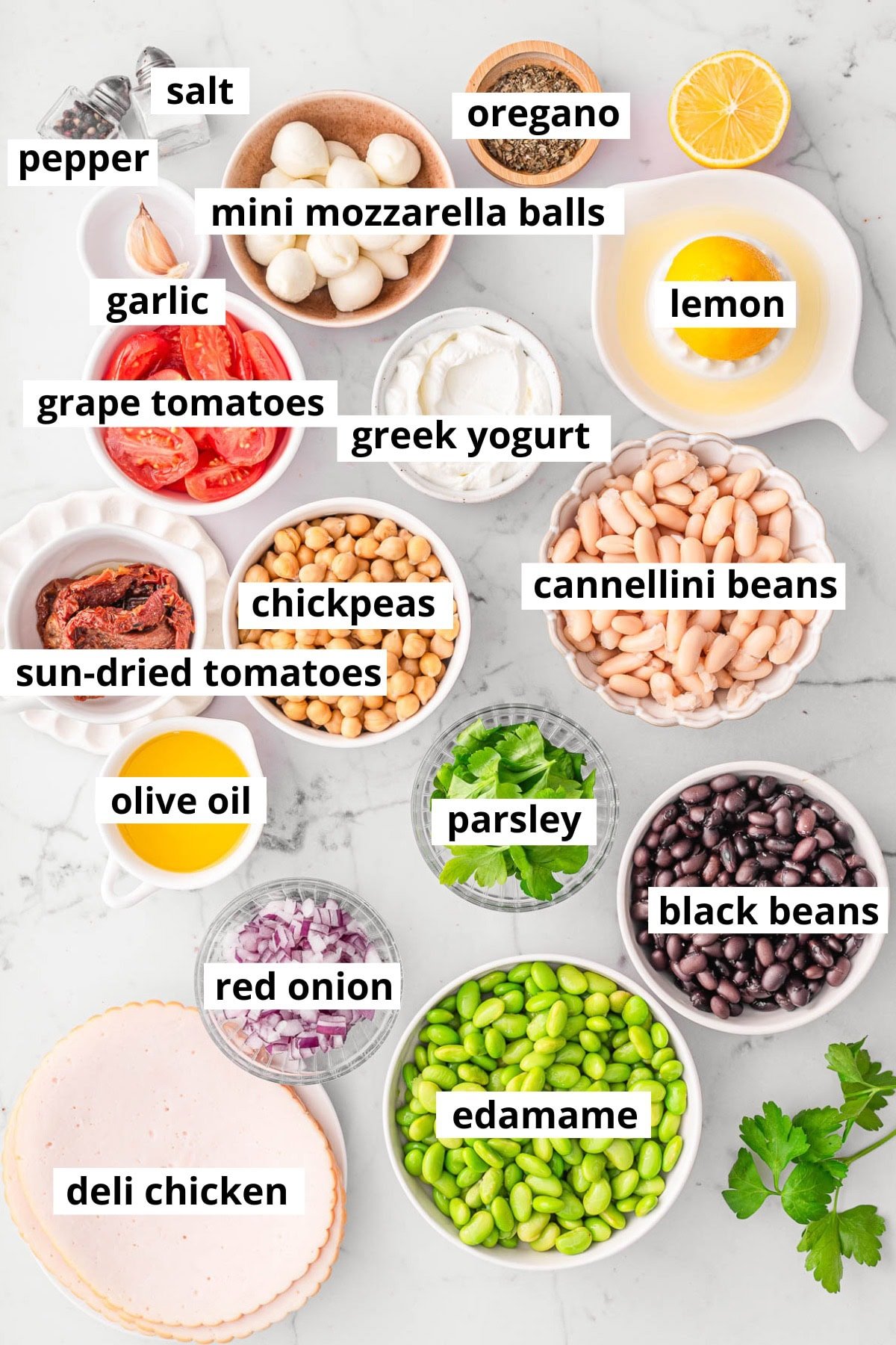 Cannellini beans, black beans, edamame beans, chickpeas, sun-dried tomatoes, red onion, parsley, grape tomatoes, greek yogurt, lemon, oregano, salt, pepper, mini mozzarella balls, garlic, deli chicken.