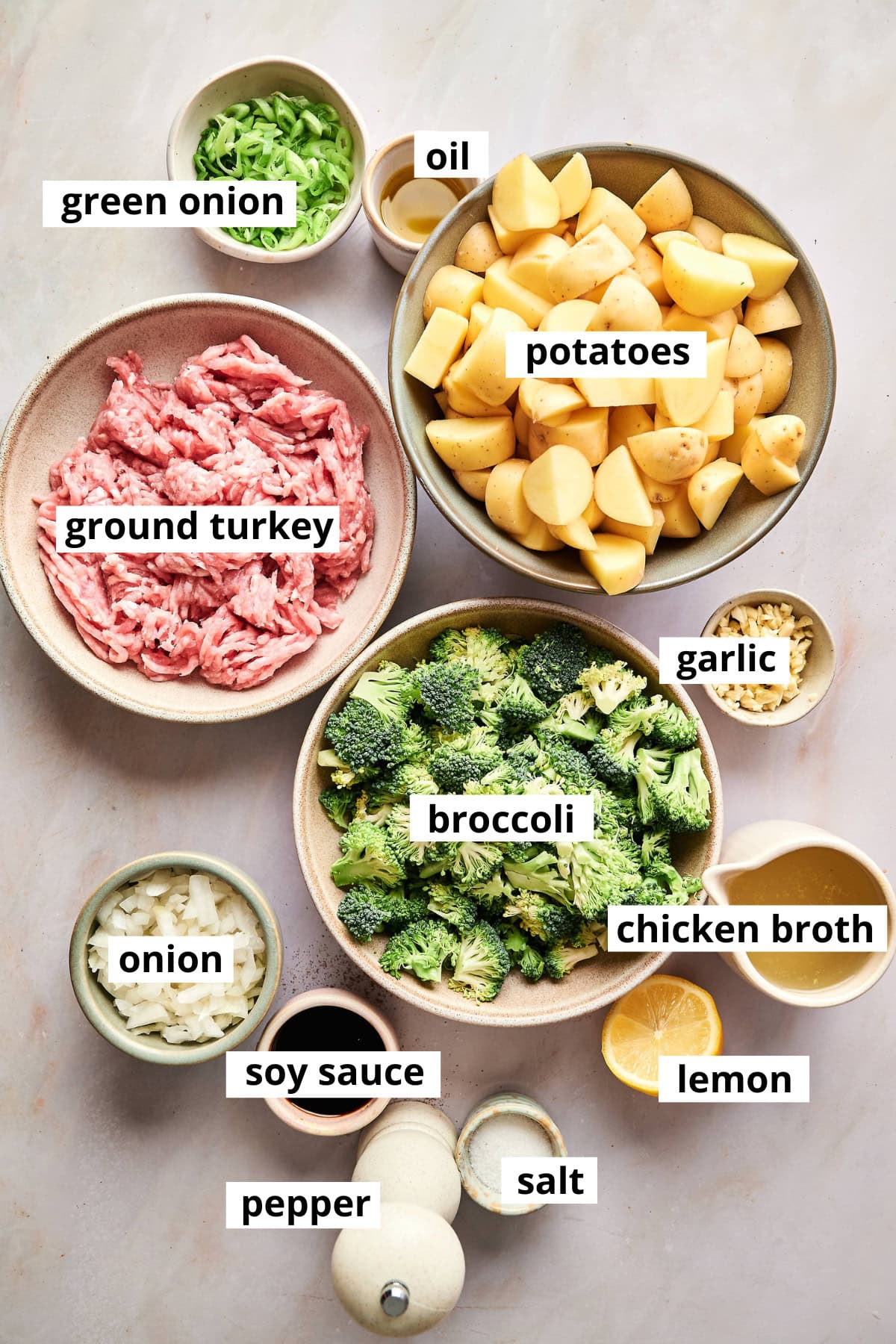 Ground turkey, broccoli, potatoes, oil, green onion, onion, garlic, salt, pepper, soy sauce, chicken broth, lemon.
