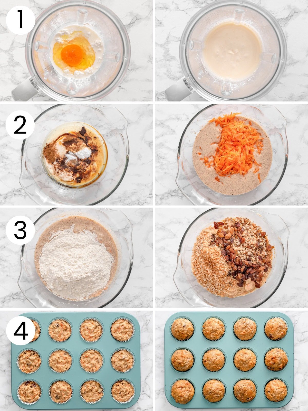 Step by step process how to make cottage cheese carrot cake muffins.