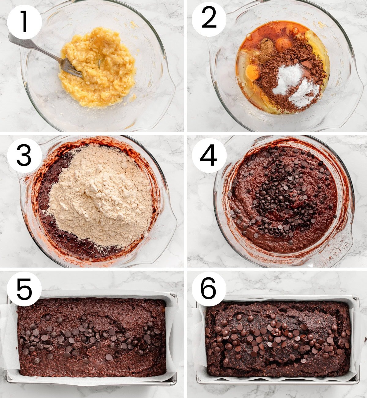 Step by step process how to make healthy chocolate banana bread.