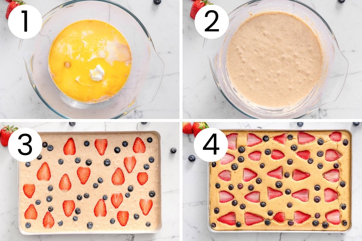Step by step process how to make kodiak sheet pan pancakes.